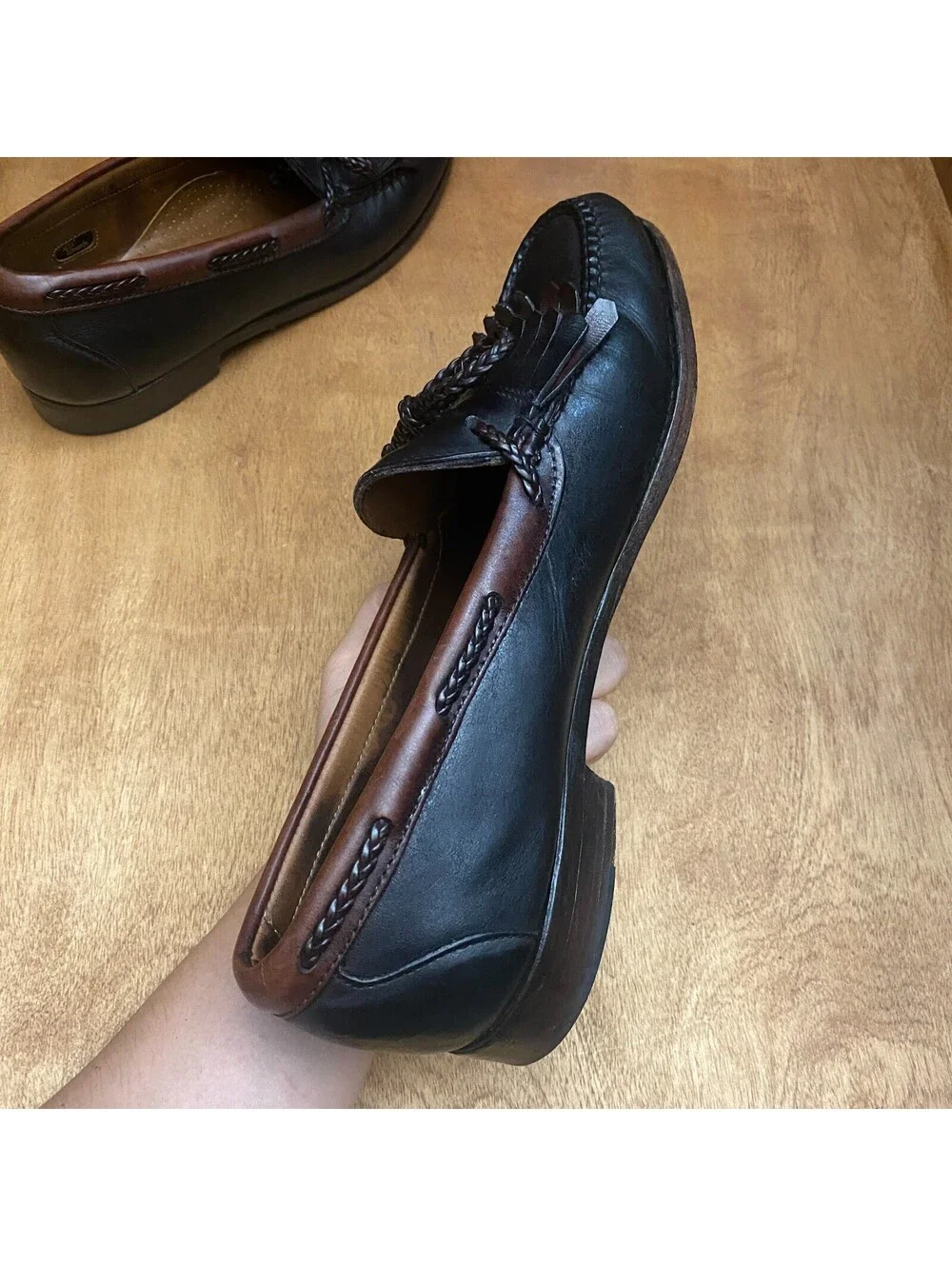Vintage Woodstock Leather Kiltie Loafers Mens 10.5 D Black Brown Moccasin Shoes